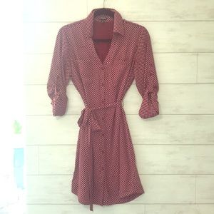 Express red polka dot tie waist shirt dress.